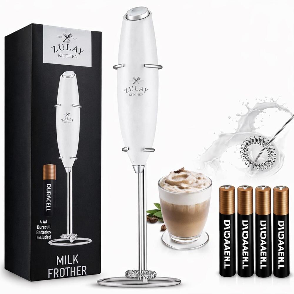 Zulay Kitchen Milk Frother White Handheld Coffee Mixer With Stand 4Duracell Batt